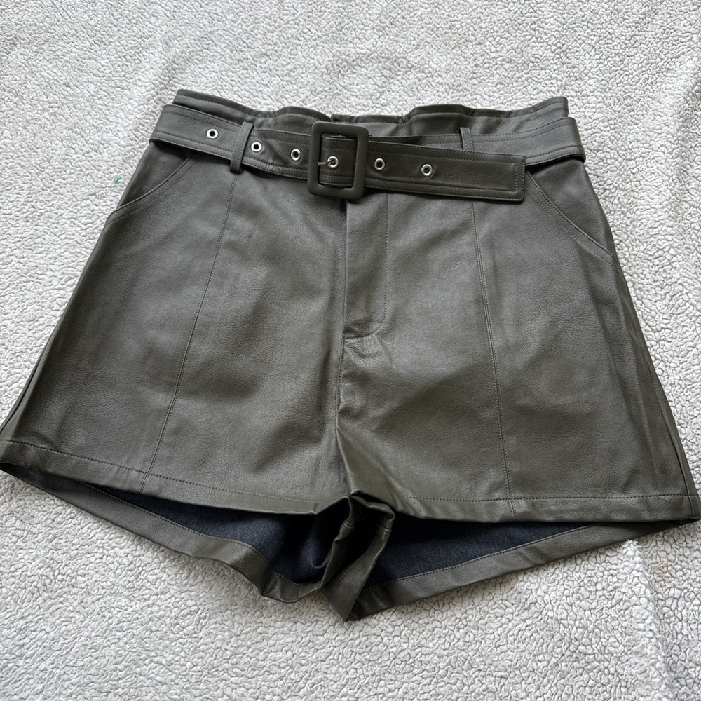 Altar'd State Olive Faux Leather High-Waist Belted Shorts